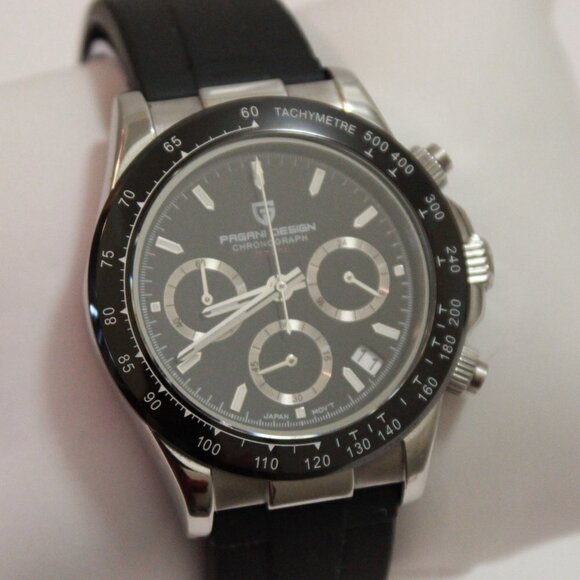 Men's Meca Quartz Chronograph Tachymeter 3 Sub-Dials Date Rubber Strap 40mm - Picture 5 of 15